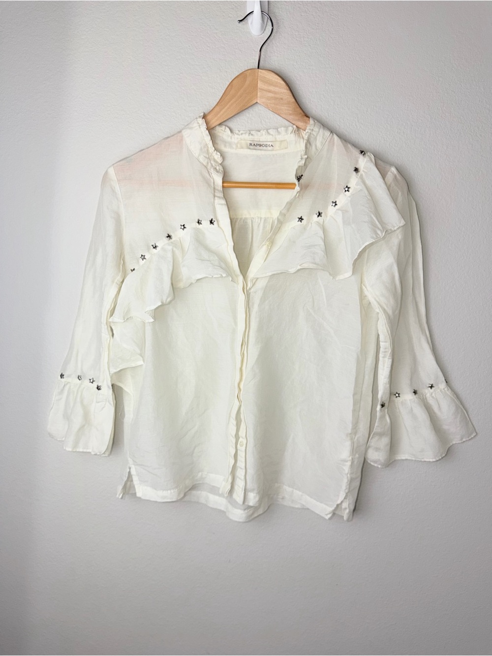 Off-White Ruffle Button-Front Blouse with Star Studs